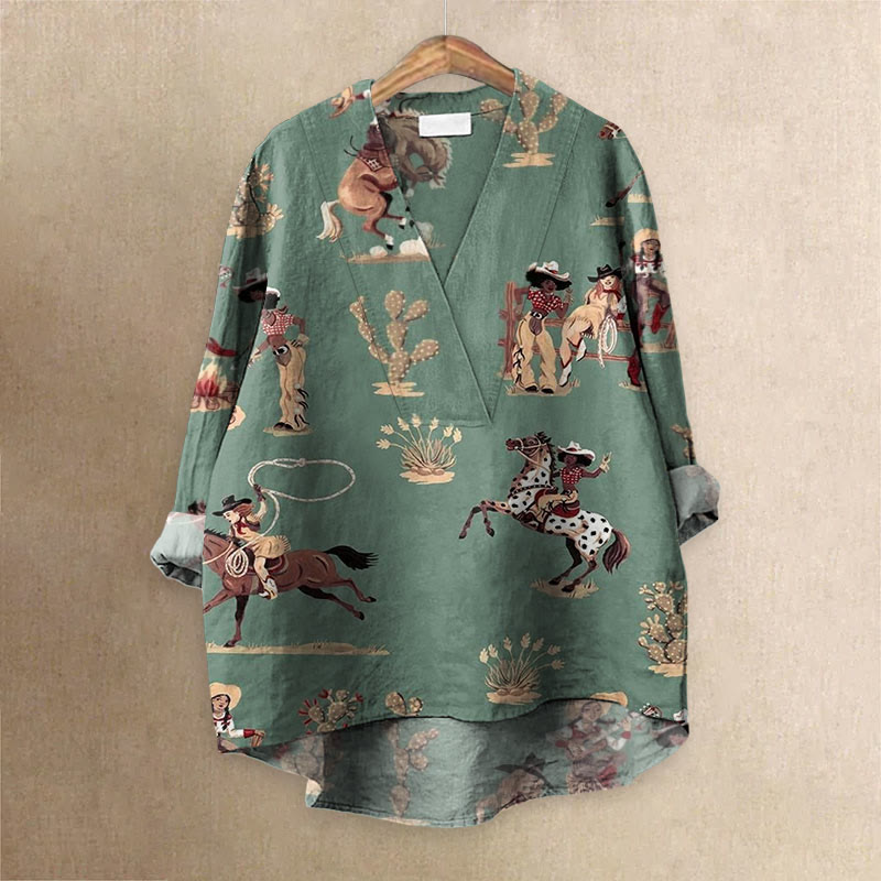 Retro Western Cowgirl Printed Casual V-neck Blouse - Blue - 6XL - image 1