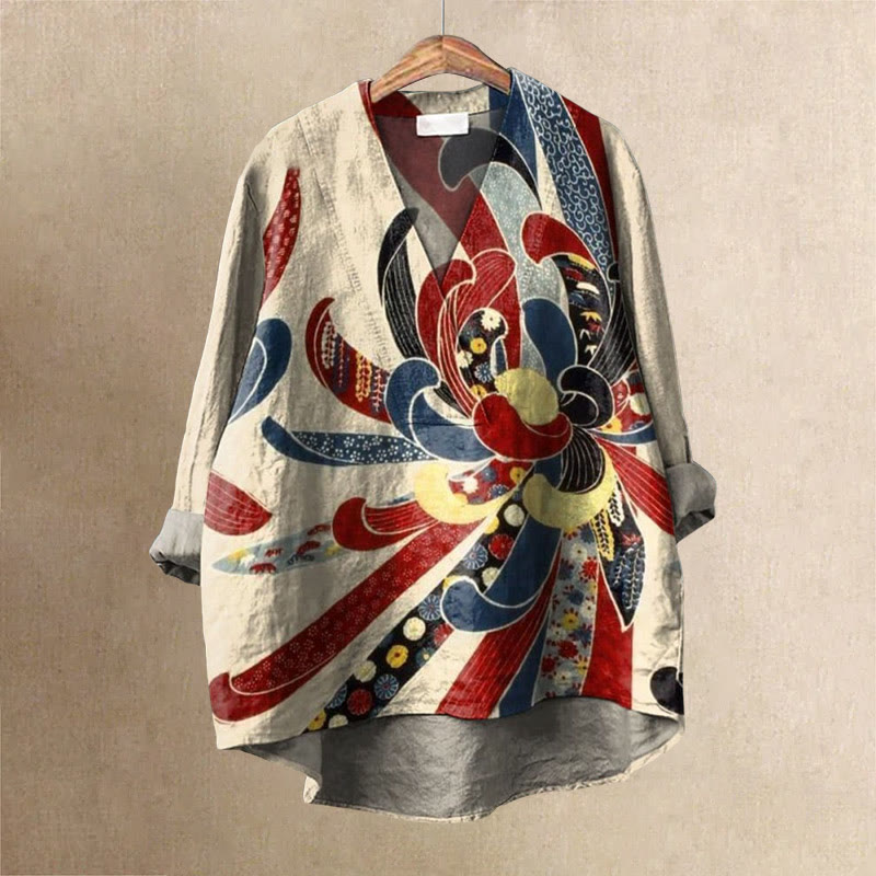 Women's Creative Colorful Flower Pattern Printed Casual V-neck Blouse - Multicolor - 6XL - image 1