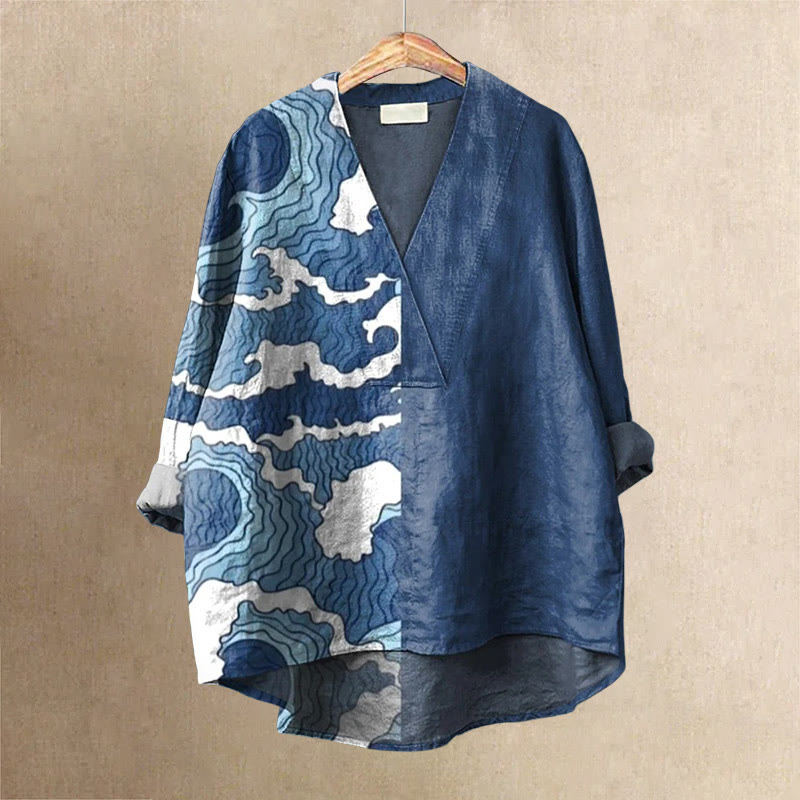 Women's Abstract Cloudy Wave Art Printed Casual V-neck Blouse - Blue - 6XL - image 1