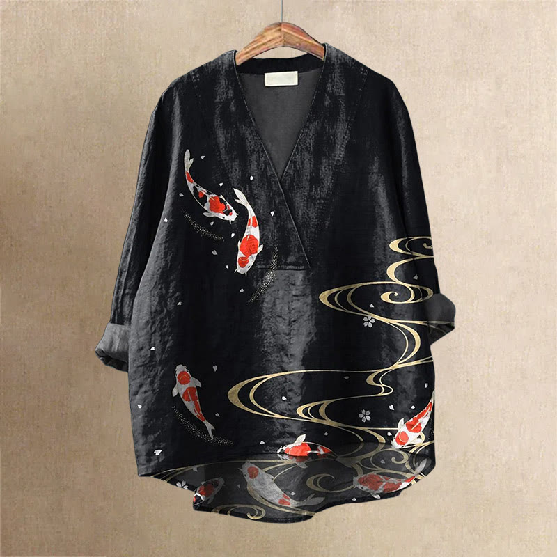 Women's Lovely Goldfish Floral Art Printed Casual V-neck Blouse - Black - 6XL - image 1