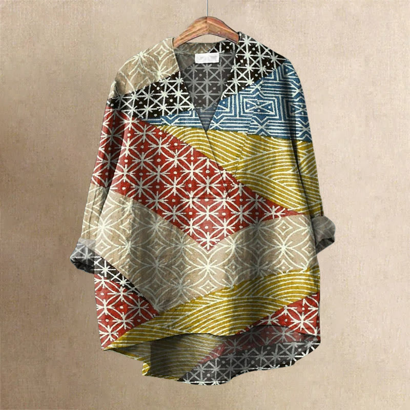 Women's Colorful Geometic Striped Pattern Printed Casual V-neck Blouse - Multicolor - 6XL - image 1