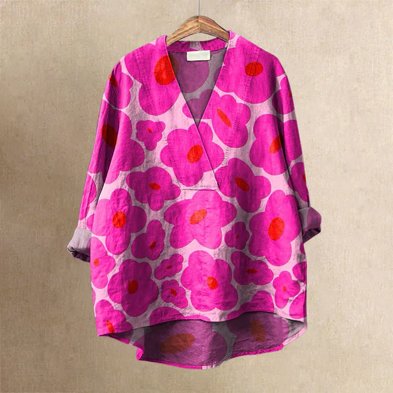 Women's Watercolor Floral Art Printed Casual V-neck Blouse - Purple - 6XL - image 1
