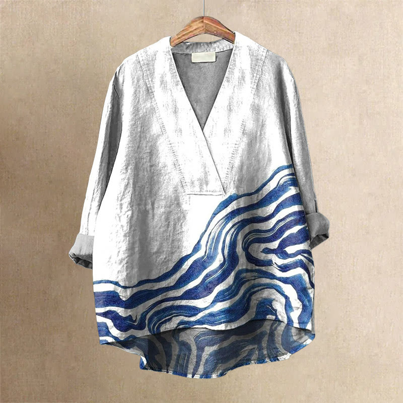 Women's Fashion Abstract Wave Art Printed Casual V-neck Blouse - White - 6XL - image 1