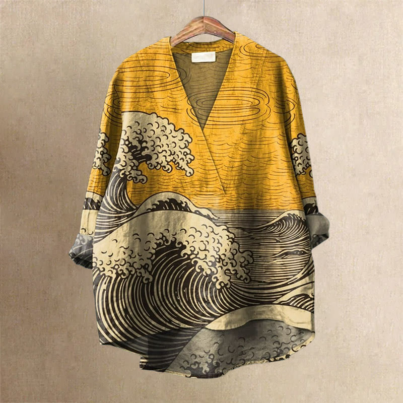 Women's Creative Wave Pattern Printed Casual V-neck Blouse - Yellow - 6XL - image 1