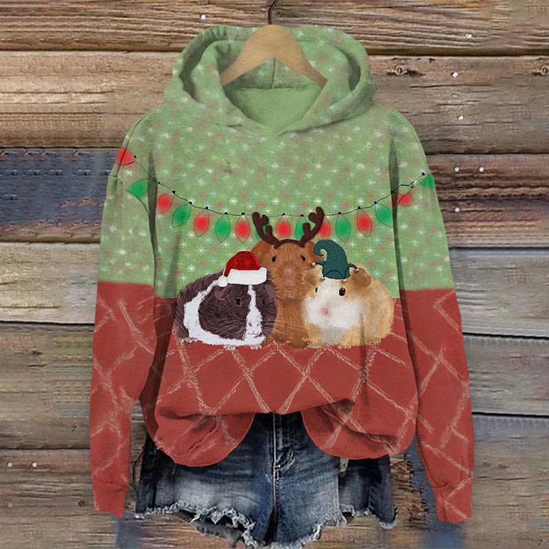 Christmas Cute Guinea Pig Color Block Print Long Sleeve Hoodie - Green - 8XL - image 1