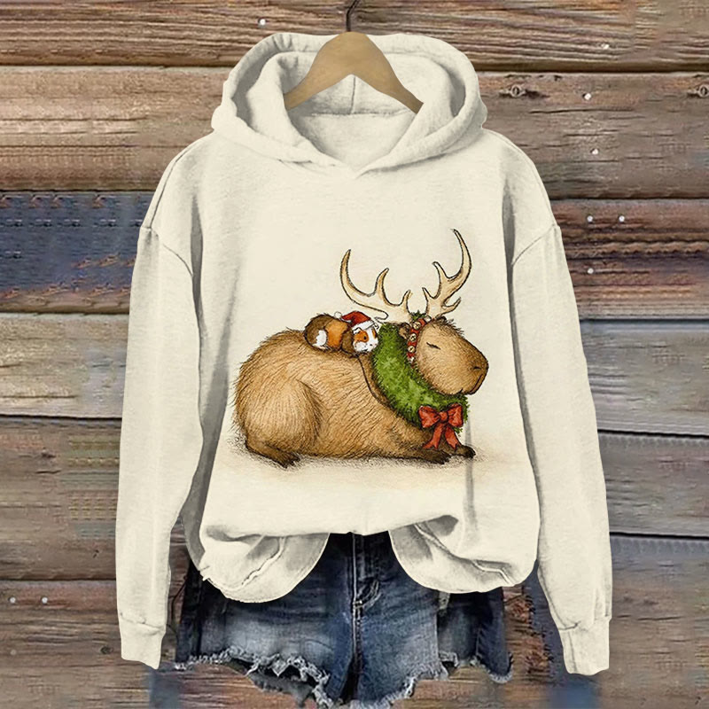 Christmas Cute Elk Capybara Guinea Pig Print Long Sleeve Hoodie - Apricot - 8XL - image 1