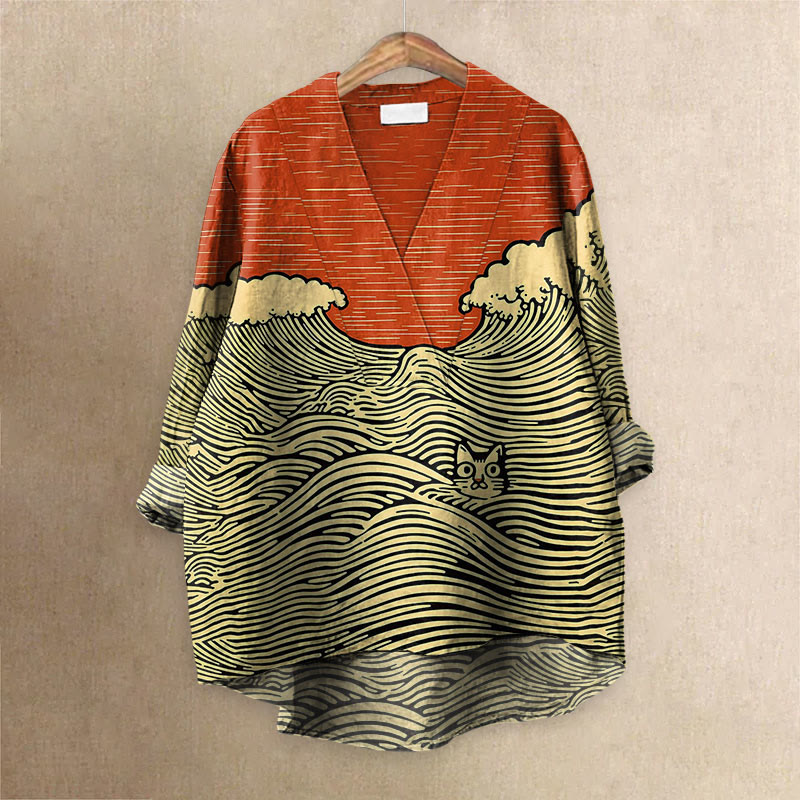 Japanese Cat In Sea Wave Art Printed Casual V-neck Blouse - Red - 6XL - image 1