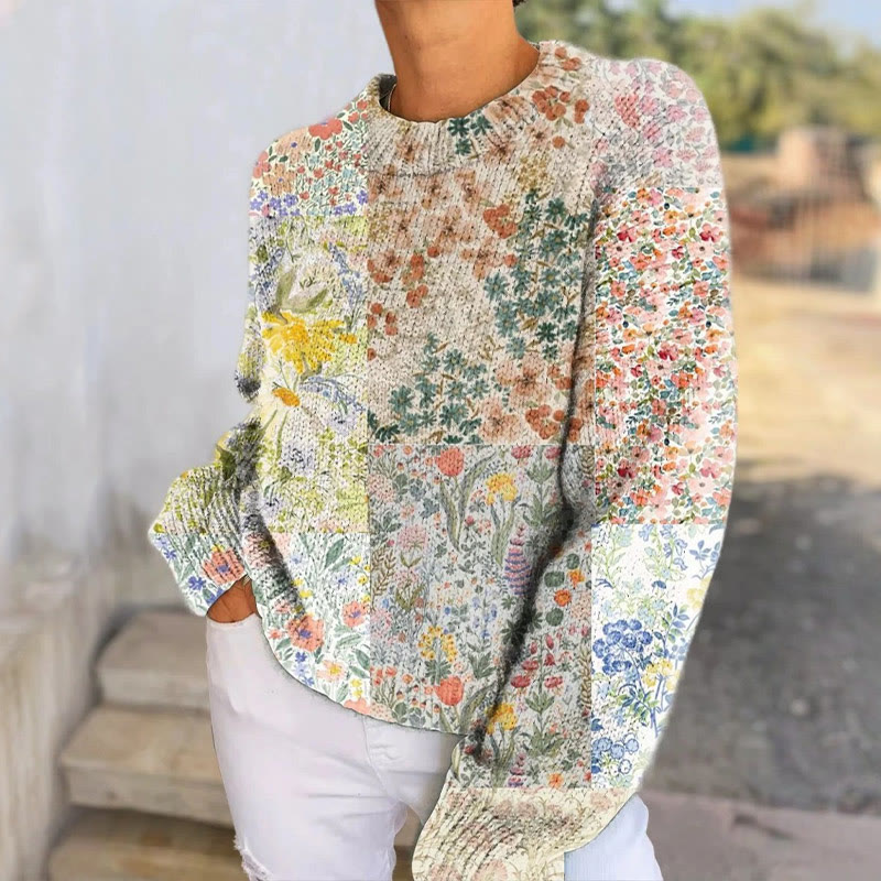 Women's Vintage Floral Art Print Pullover Sweater - Beige - 4XL - image 1