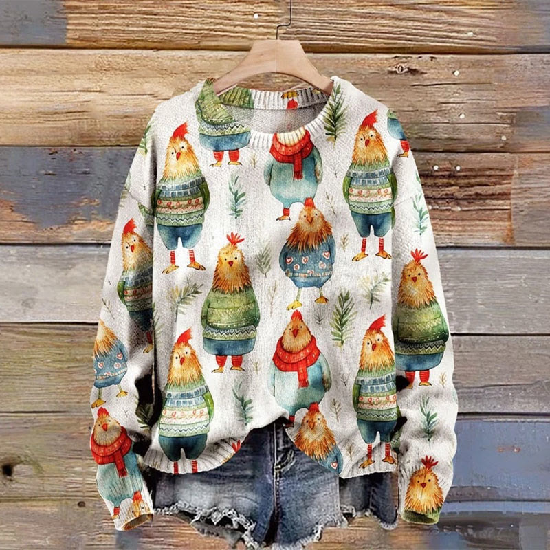 Women's Cute Chickens Art Print Pullover Sweater - Green - 4XL - image 1