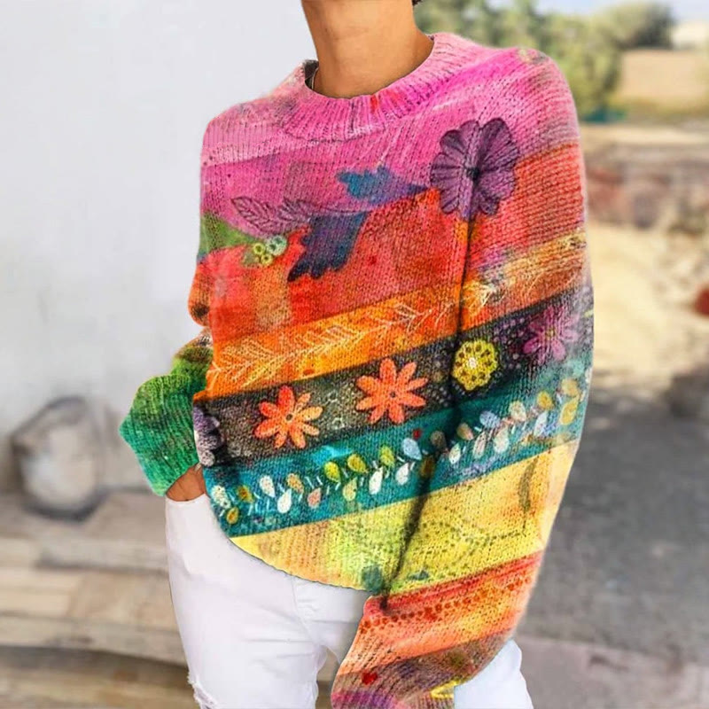 Women's Boho Retro Rainbow Stripes Art Print Pullover Sweater - Rose - 4XL - image 1