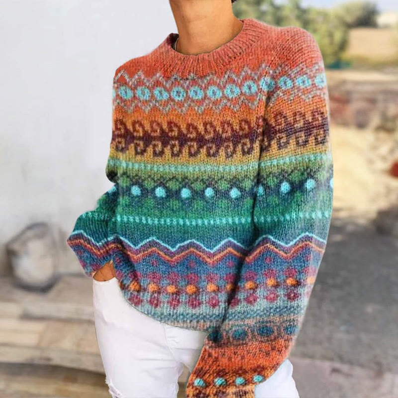 Women's Stripes Art Vintage Print Pullover Sweater - Orange - 4XL - image 1