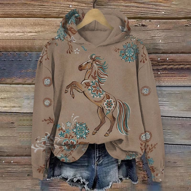 Vintage Western Horse Art Print Long Sleeve Hoodie - Brown - 8XL - image 1