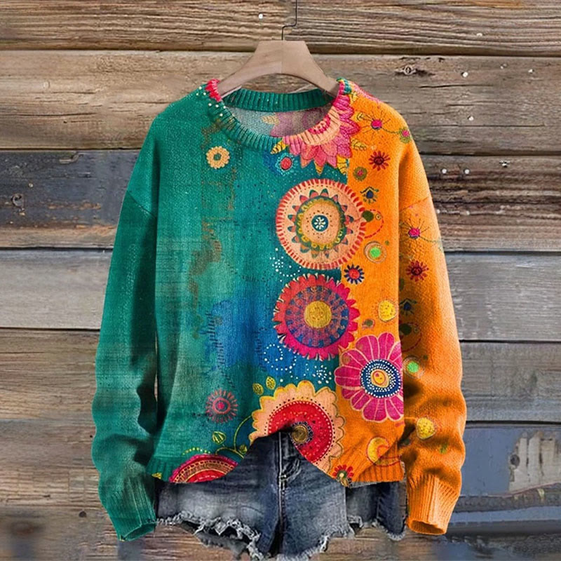 Women's Vintage Love And Peace Flower Art Print Pullover Sweater - Green - 4XL - image 1