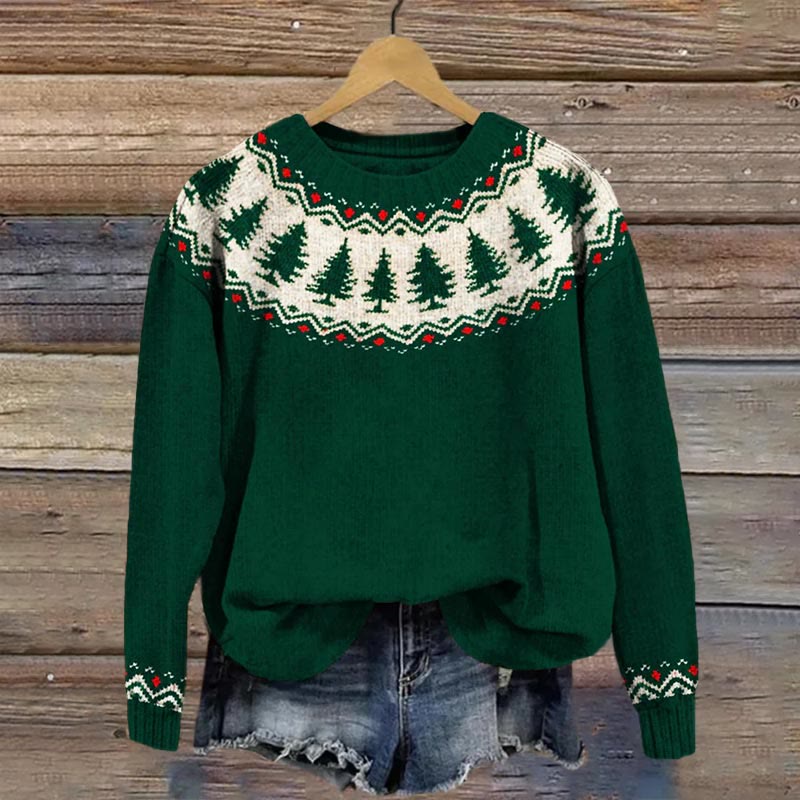 Vintage Christmas Trees Graphic Cozy Knit Sweater - Green - 4XL - image 1