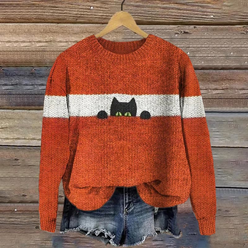 Women's Funny Cat Print Casual Pullover Sweater - Orange - 4XL - image 1