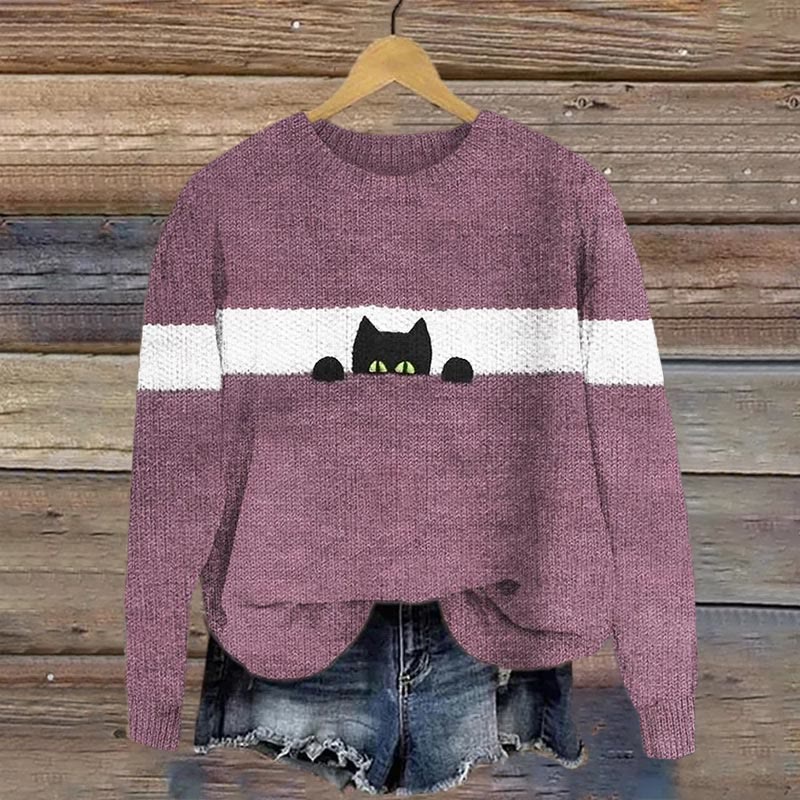 Women's Funny Cat Print Casual Pullover Sweater - Purple - 4XL - image 3