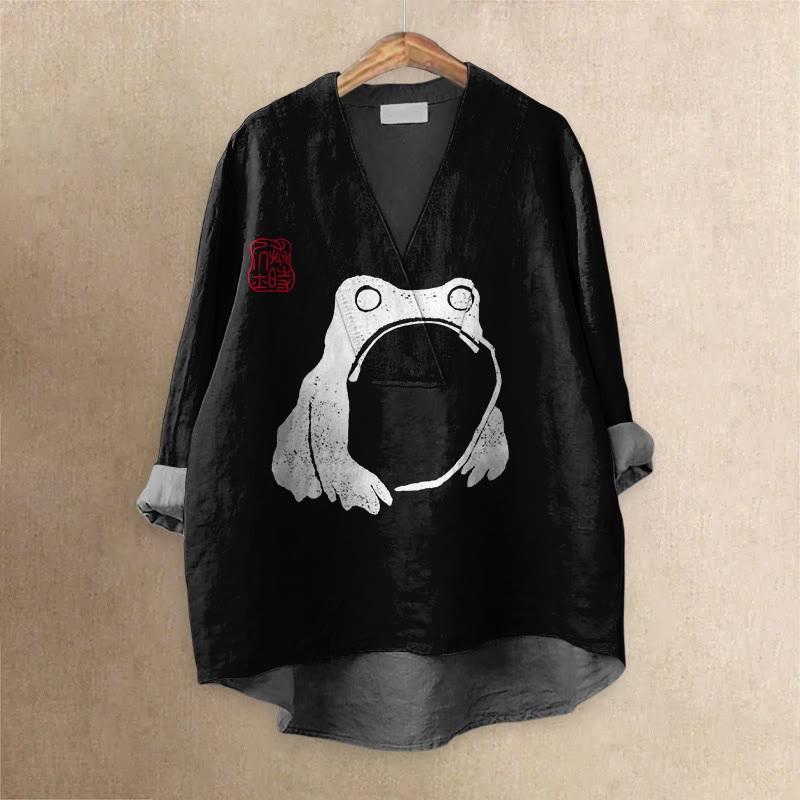 Frog Ancient Japanese Art Printed Casual V-neck Blouse - Black - 6XL - image 3