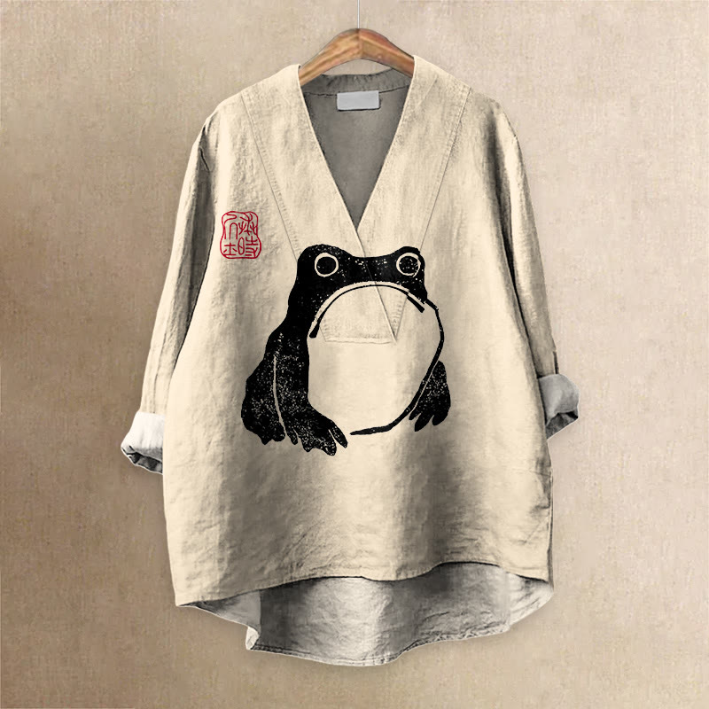 Frog Ancient Japanese Art Printed Casual V-neck Blouse - Apricot - 6XL - image 1