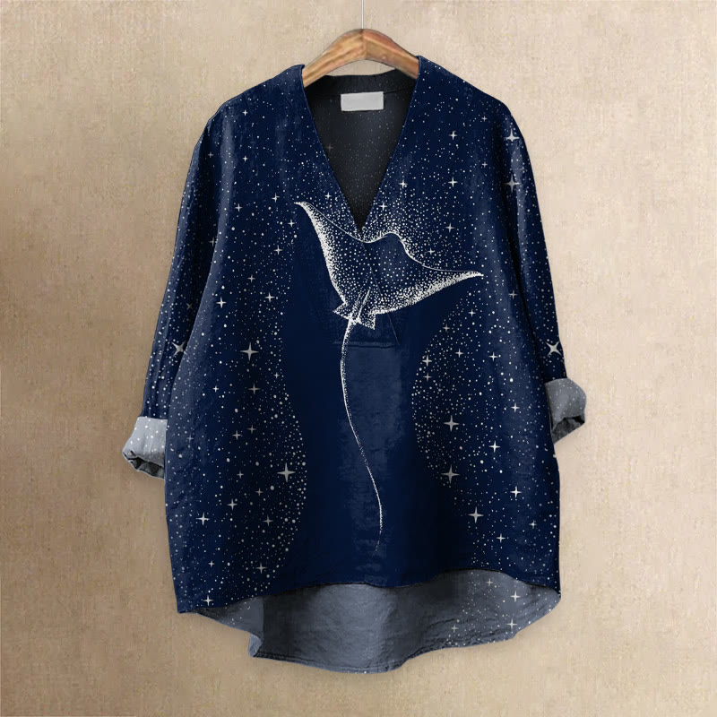 Starry Spotted Eagle Rays Print Casual V-neck Blouse - Dark Blue - 6XL - image 1
