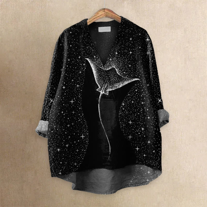 Starry Spotted Eagle Rays Print Casual V-neck Blouse - Black - 6XL - image 3