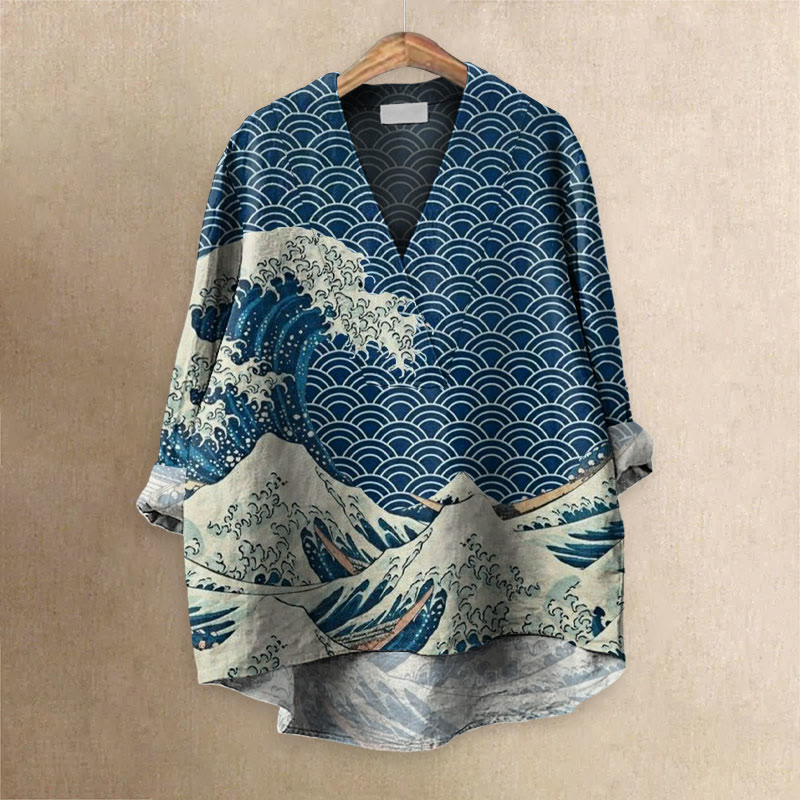 The Great Wave Off Kanagawa Inspired Japanese Art Print Casual V-neck Blouse - Blue - 6XL - image 1