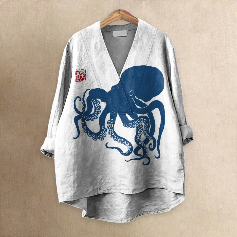 Octopus Japanese Lino Art Print Casual V-neck Blouse - Blue - 6XL - image 1