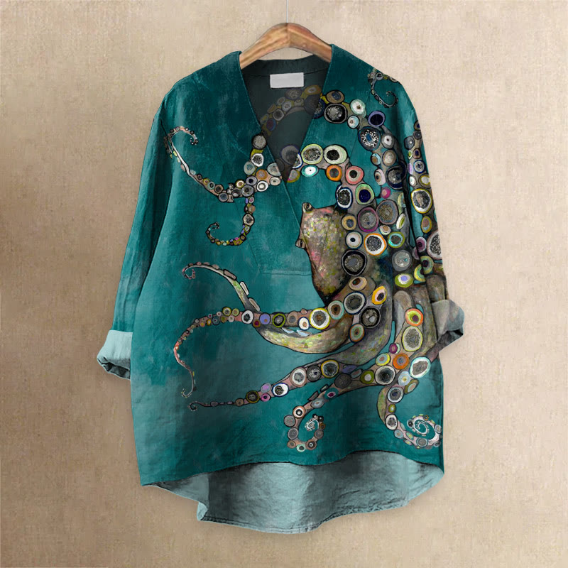 Colorful Octopus Oil Painting Print Casual V-neck Blouse - Green - 6XL - image 1