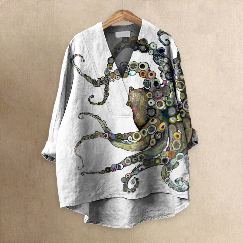Colorful Octopus Oil Painting Print Casual V-neck Blouse - White - 6XL - image 3