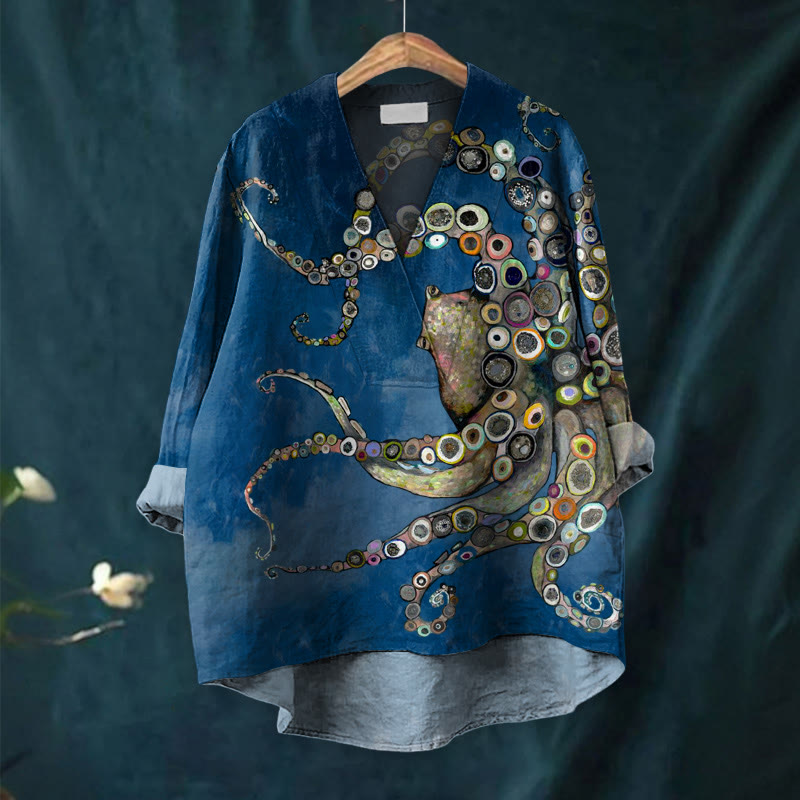 Colorful Octopus Oil Painting Print Casual V-neck Blouse - image 12