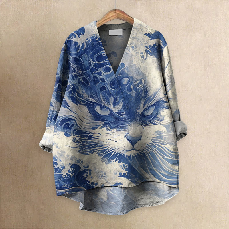 Women's Blue Waves & Cats Print Casual V-neck Blouse - Blue - 6XL - image 1