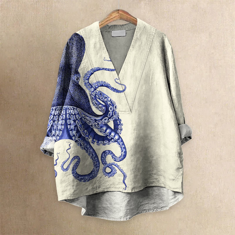 Japanese Art Octopus Graphic Print Casual V-neck Blouse - White - 6XL - image 1