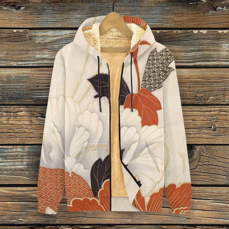 Women's Japanese Colored Leaves Art Printed Fleece Jacket - Apricot - 4XL - image 1