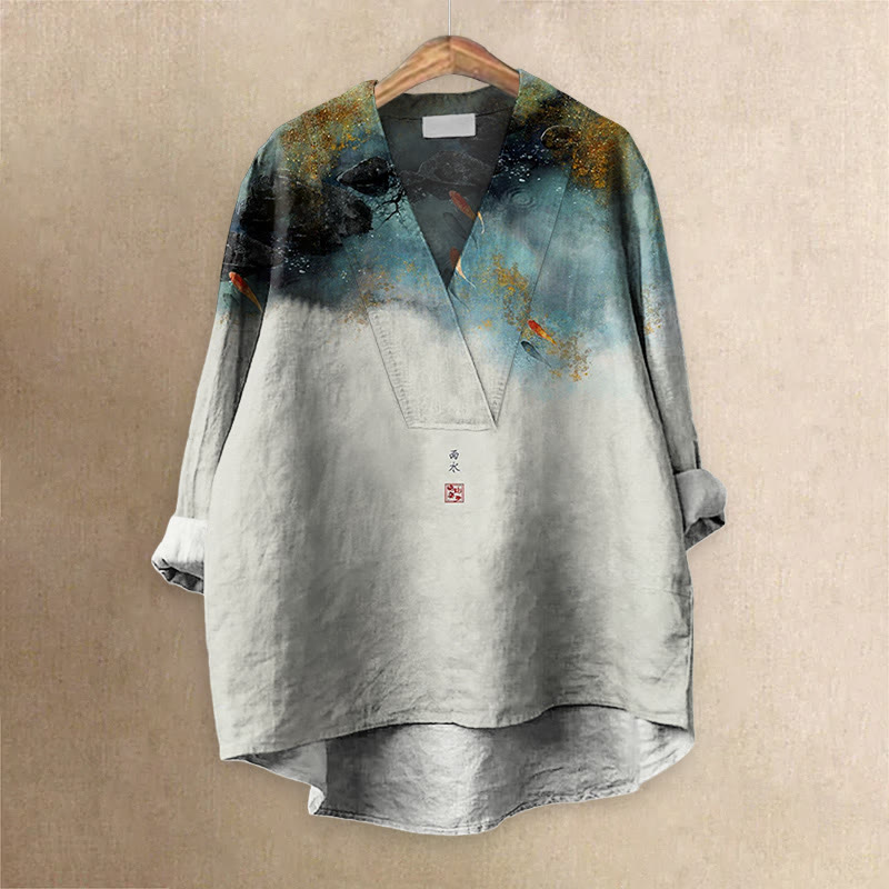 Japanese Goldfish Contrasting Print Casual V-neck Blouse - White - 6XL - image 1