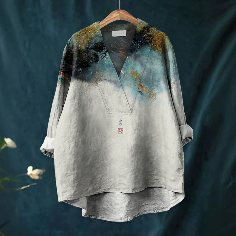 Japanese Goldfish Contrasting Print Casual V-neck Blouse - image 2