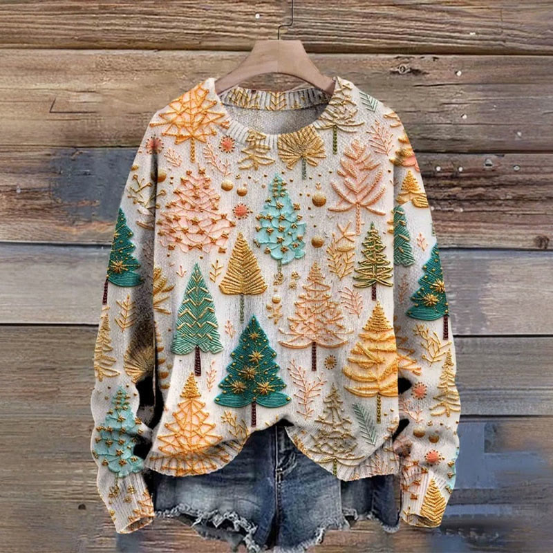 Women's Christmas Tree Print Pullover Sweater - Multicolor - 4XL - image 1