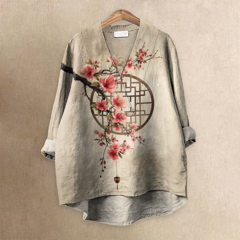 Women's Retro Plum Blossom Art Printed Casual V-neck Blouse - Khaki - 6XL - image 1