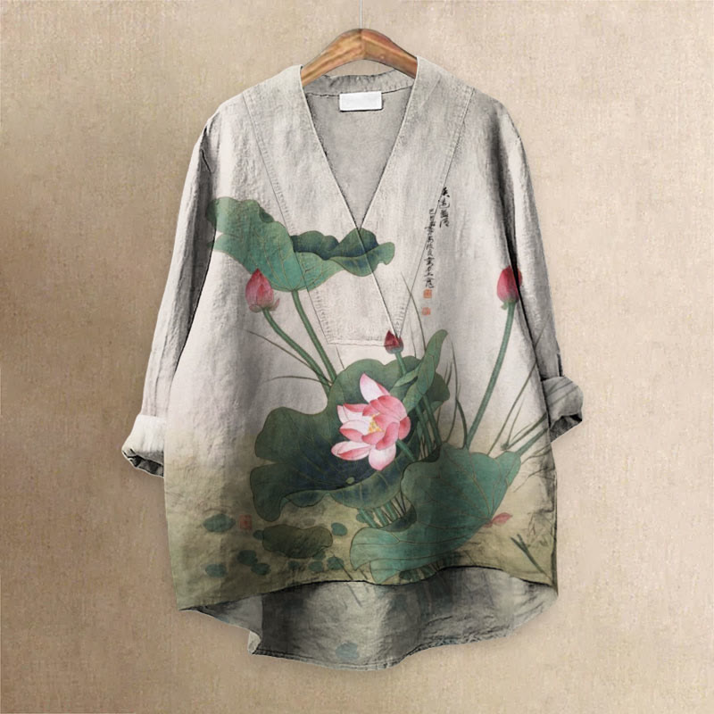 Women's Japanese Blooming Lotus In The Pond Printed Casual V-neck Blouse - Multicolor - 6XL - image 1