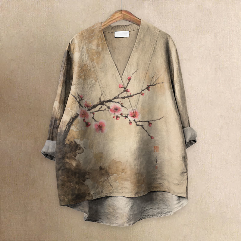 Women's Japanese Retro Pinky Sakura Art Printed Casual V-neck Blouse - Khaki - 6XL - image 1
