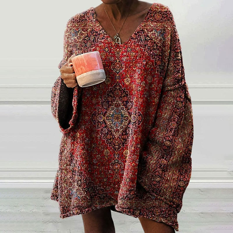 Women's Vintage Art Print Causal V-neck Pullover Sweater - Red - 4XL - image 1