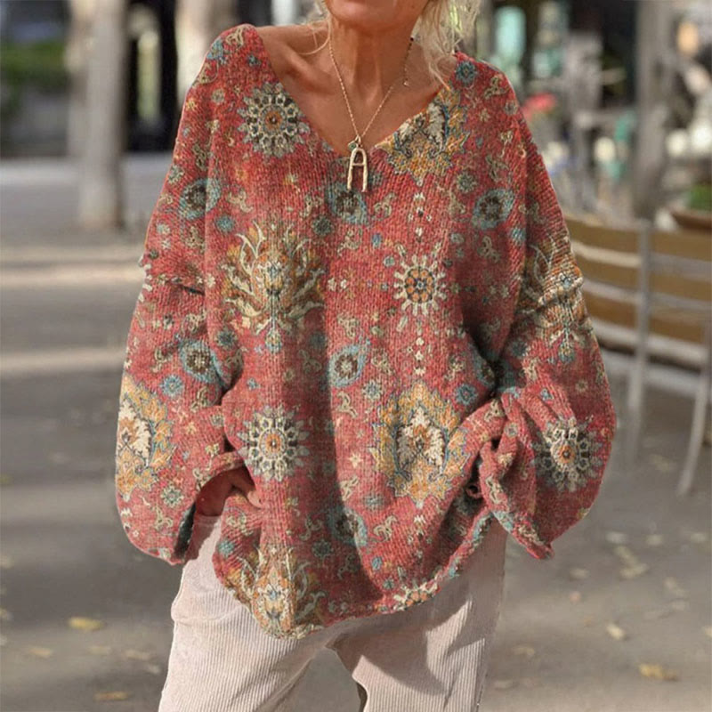 Women's Retro Ethnic Totem Print Causal V-neck Pullover Sweater - Red - 4XL - image 1