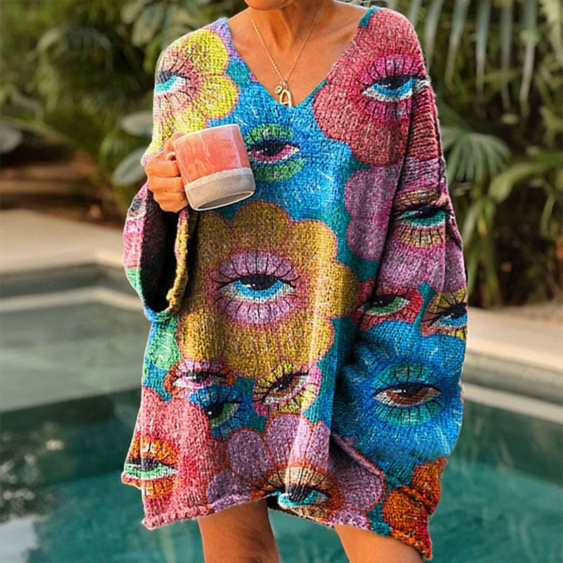 Women's Vintage Hippie Art Abstract Eyes Flower Painting Print Causal V-neck Pullover Sweater - Blue - 4XL - image 1