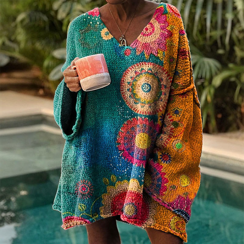 Women's Vintage Love And Peace Flower Art Print Causal V-neck Pullover Sweater - Green - 4XL - image 1