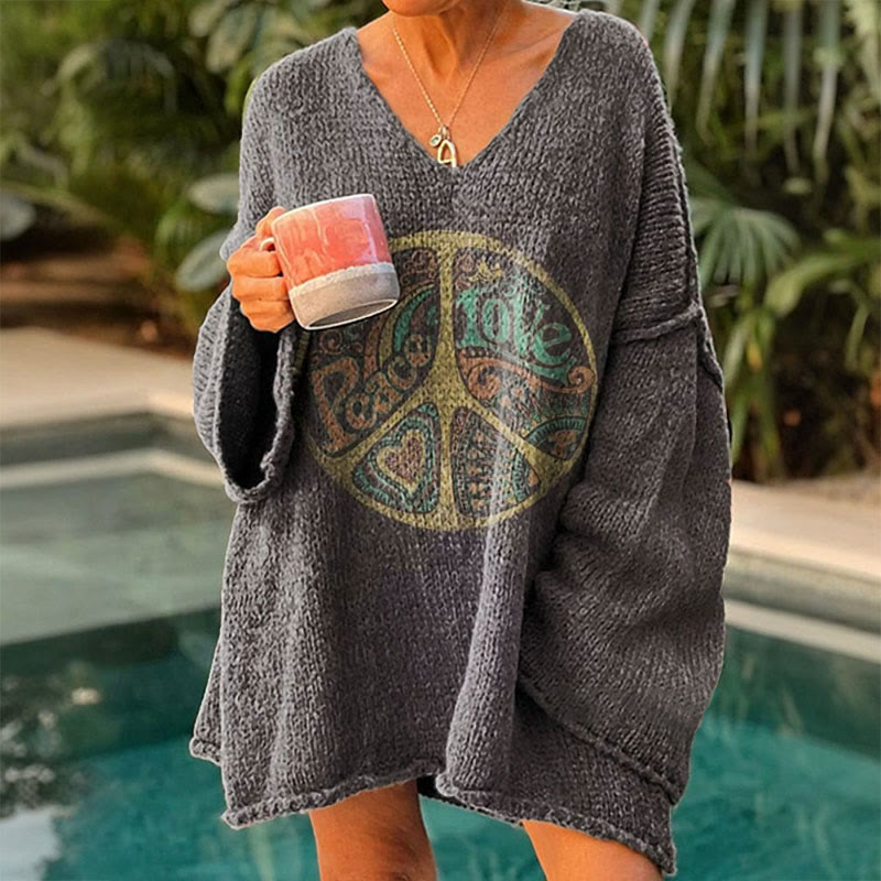 Women's Vintage Hippie Art Print Causal V-neck Pullover Sweater - Grey - 4XL - image 1