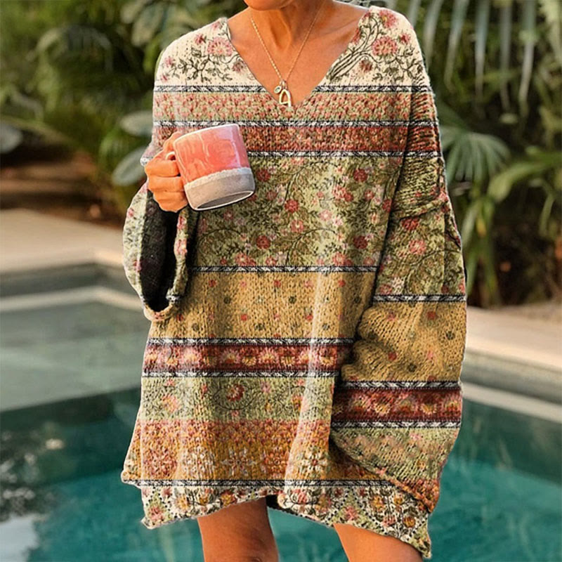 Vintage Floral Art Print Causal V-neck Pullover Sweater - Khaki - 4XL - image 1