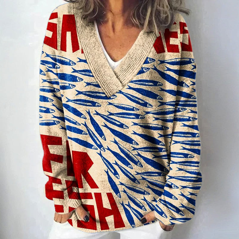 Women's Vintage Art Print Causal V-neck Pullover Sweater - Apricot - 4XL - image 1