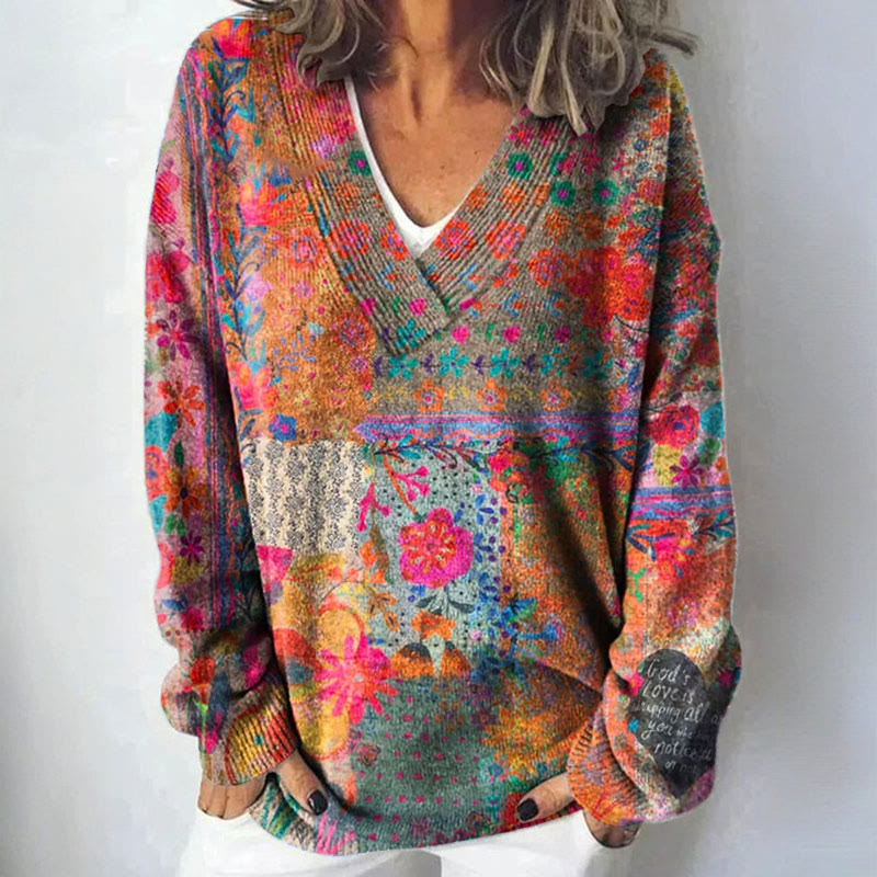 Women's Vintage Art Print Causal V-neck Pullover Sweater - Multicolor - 4XL - image 1
