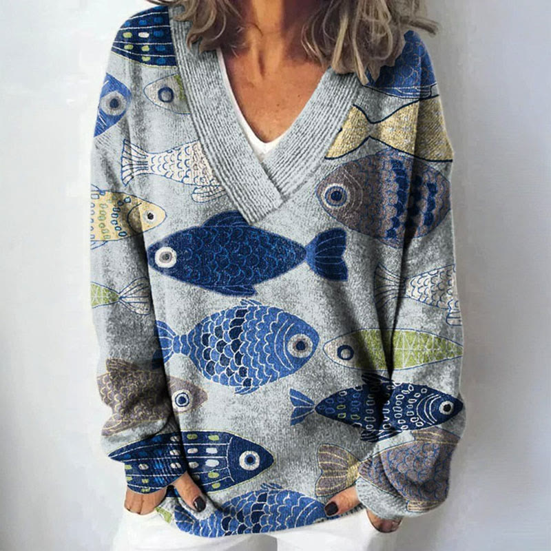 Women's Lovely Fish Art Print Causal V-neck Pullover Sweater - Grey - 4XL - image 1