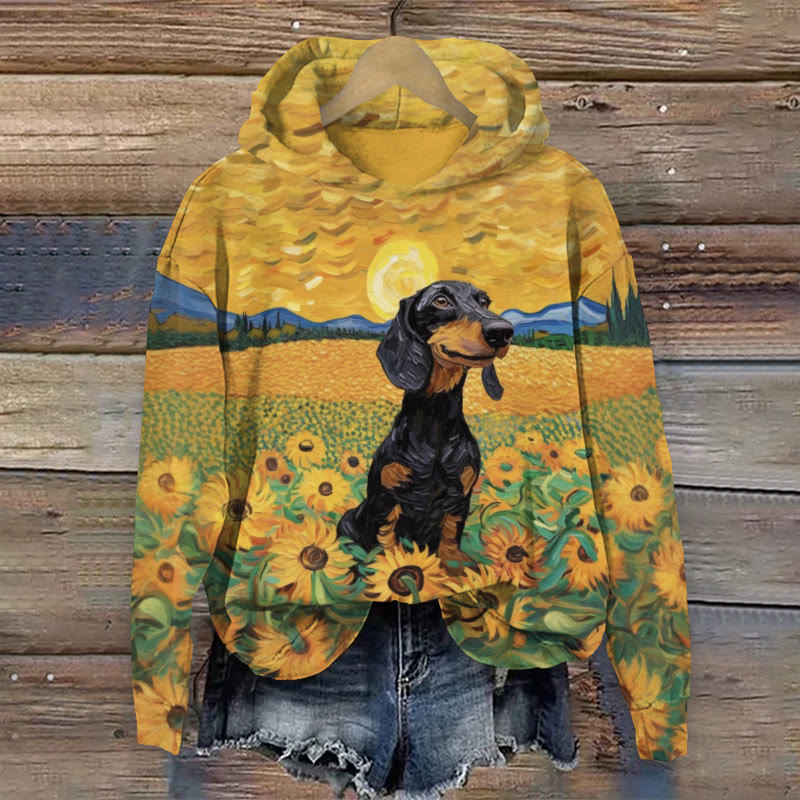 Dachshund Sunflower Oil Painting Art Print Long Sleeve Hoodie - Yellow - 8XL - image 1