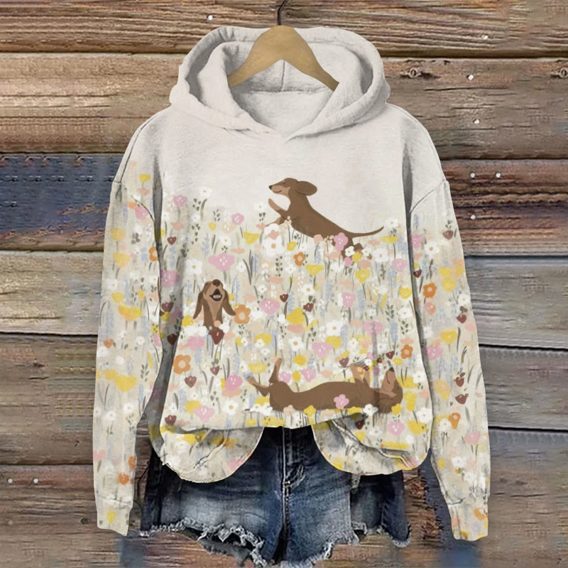 Women's Cute Floral Dachshund Print Long Sleeve Hoodie - Khaki - 8XL - image 1