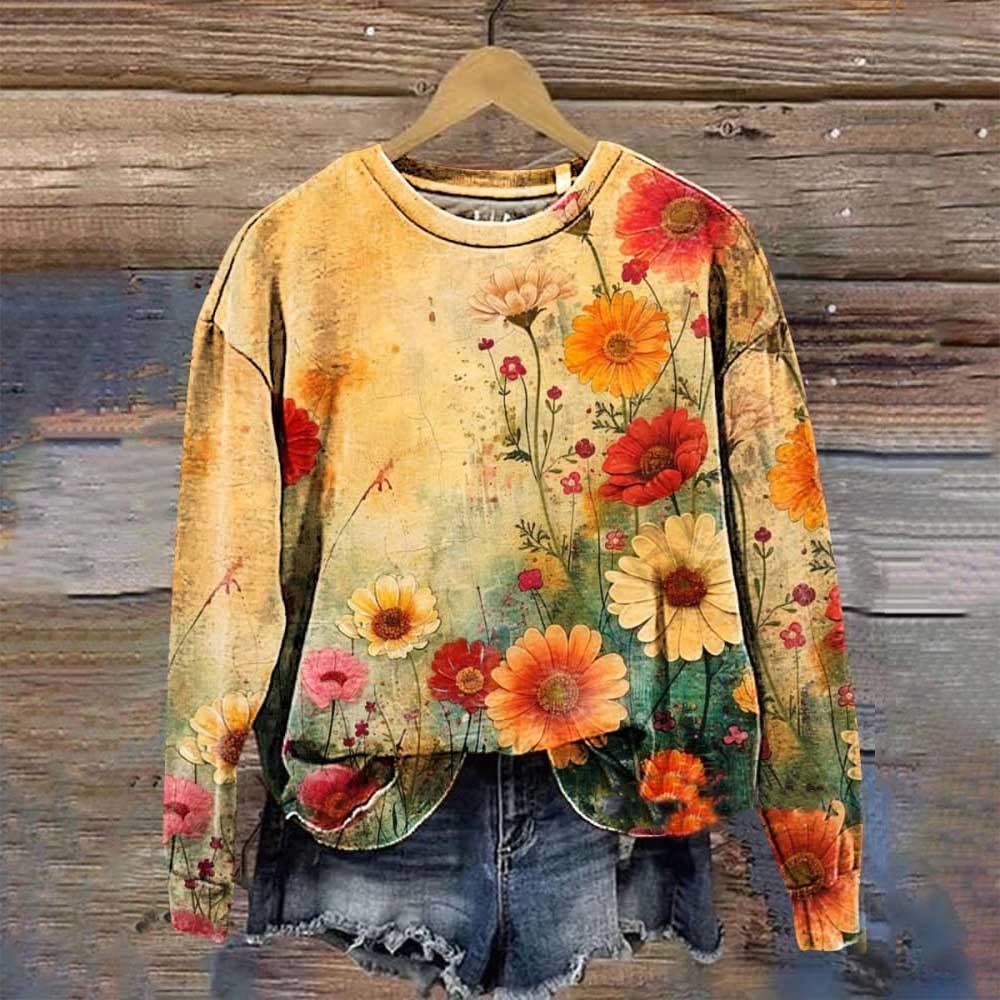 Vintage Floral Art Print Casual Sweatshirt - Multicolor - 5XL - image 1